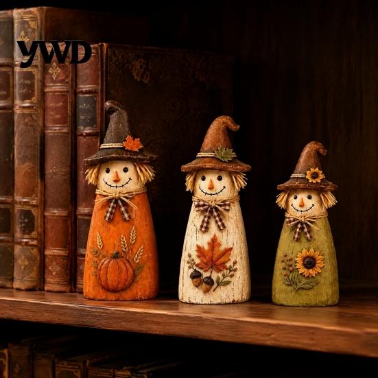 Cute Wizard Hat Ornaments Vintage Resin Scarecrow Figurines, Fall Harvest Pumpkin Sunflower Maple Decorative Haunted House Props Leaf Tabletop Decor,