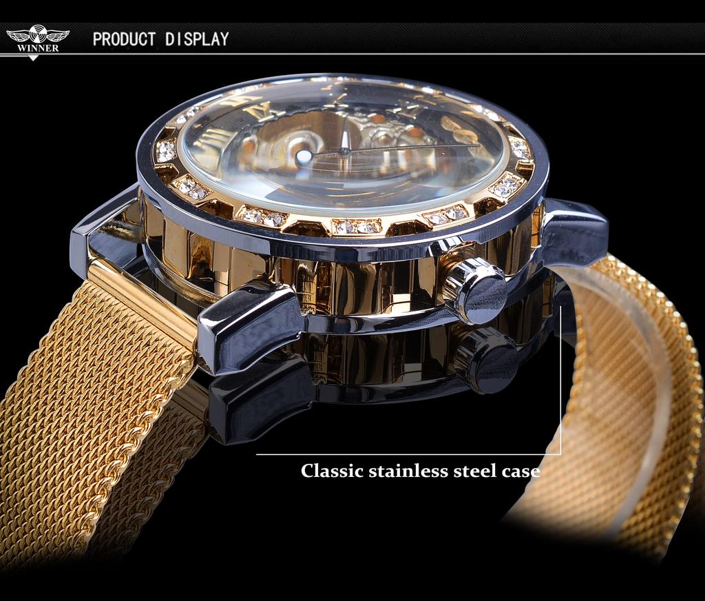 Forsining Winner Retro Manual Skeleton Watch Diamond Carving Flower Craft Men Gold Classic Roman Numerals