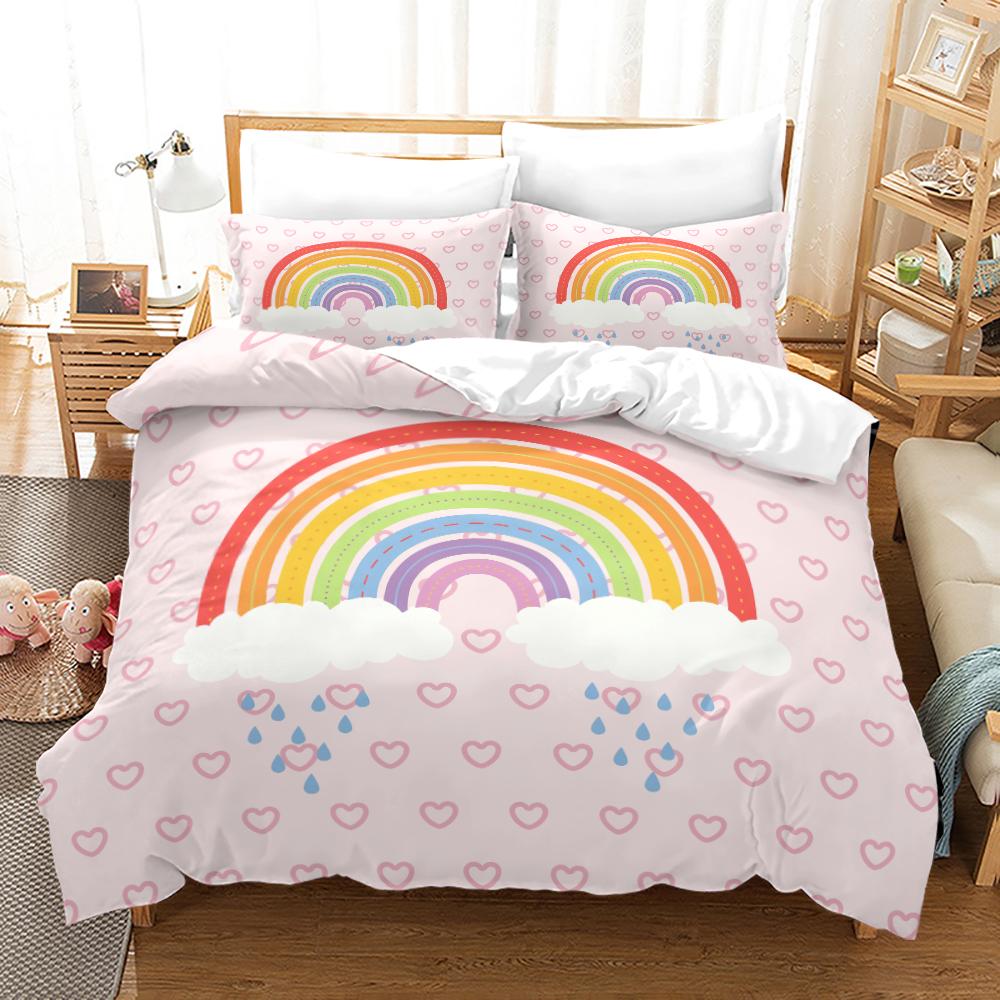 Rainbow Unicorn Duvet Cover Set With Pillowcase King Queen Full Size Polyester Comforter Cover Bedding Set For Kids Girls Boys