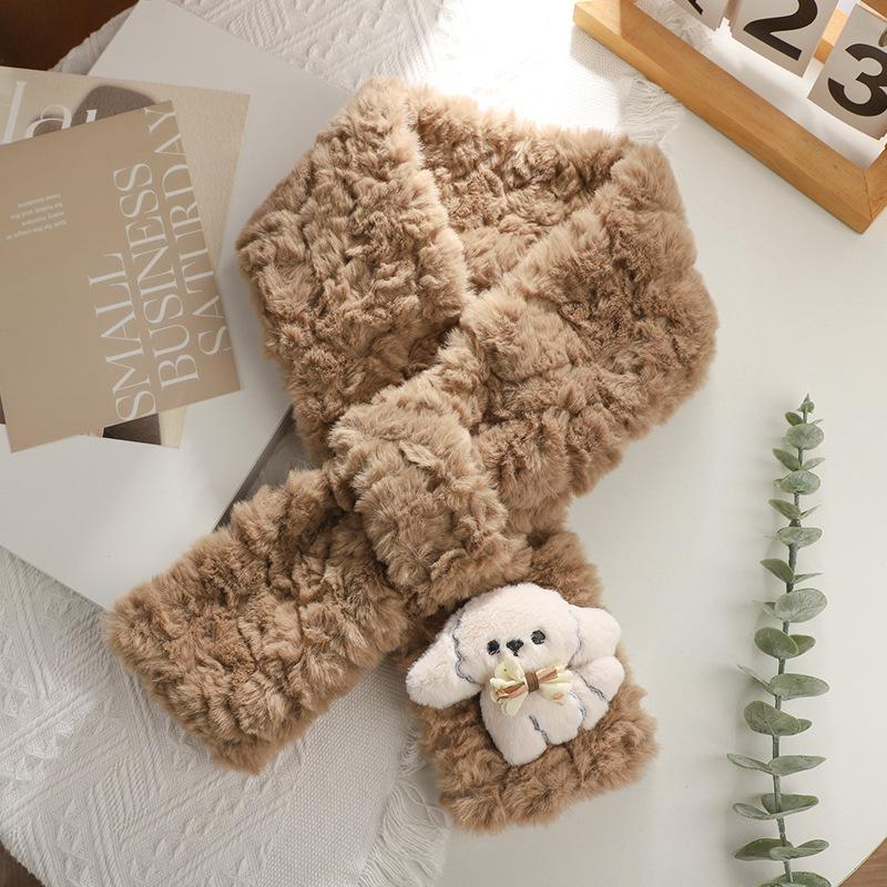 Puppy bow plush scarf female rounded corner embossed girl autumn and winter scarf Korean version student warm neck cover scarf