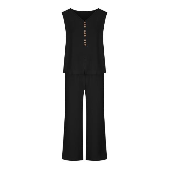 2 Pcs/Set Women Vest Pants Set Sleeveless V Neck Button Decor Wide Leg Straight Loose Solid Color Lady Top Trousers