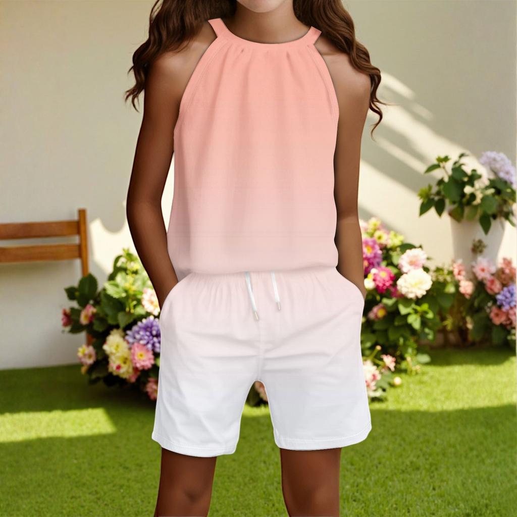 Children's Casual Fashion Round Neck Sleeveless Top Shorts Set