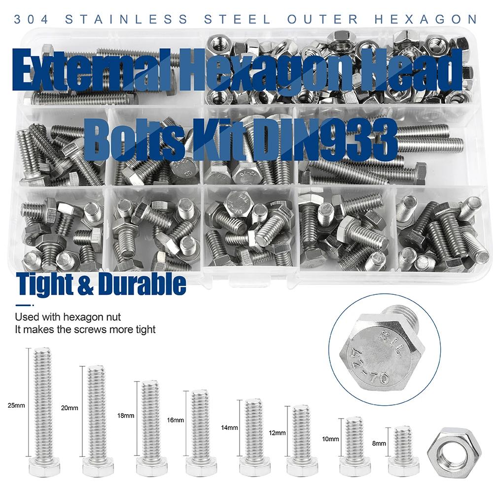 NINDEJIN External Hex Hexagon Head Bolt and Nut Kit M4 M5 M6 Stainless Steel Metric Hex Cap Screw Nuts Assorted Kit