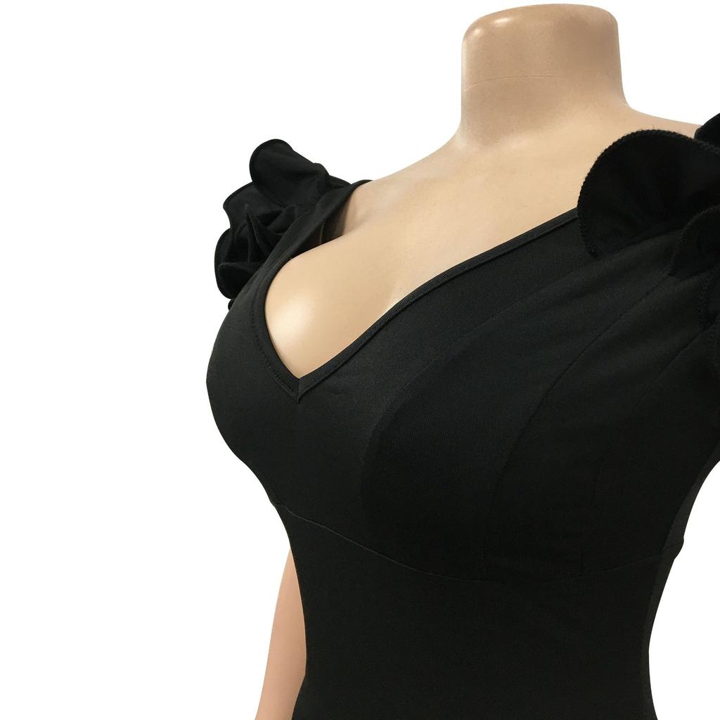 Modne Damskie Sukienki w Jednolitym Kolorze z Dekoltem V, Bez Rękawów, z Długim Ramieniem, w Kwiaty