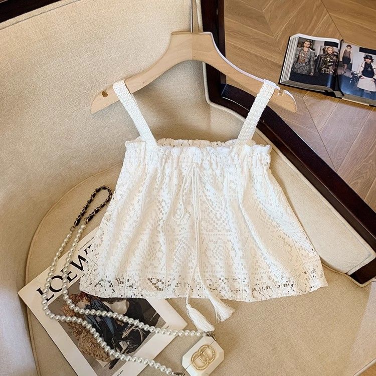 Female Summer Sweet Hook Flower Fungus Edge Tied Doll Lace Camisole Top