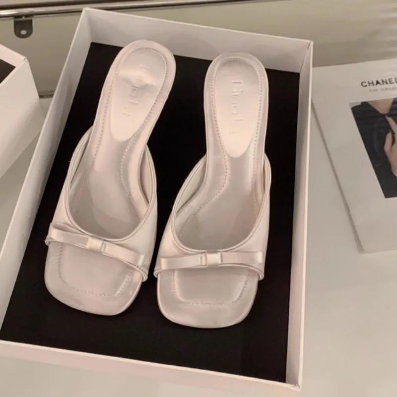 Fashion Slipper Mules Low High Heels Shoes Summer Solid Color Females Square Head Open Toe Bow Strappy Sandals Women Heeled Slipper