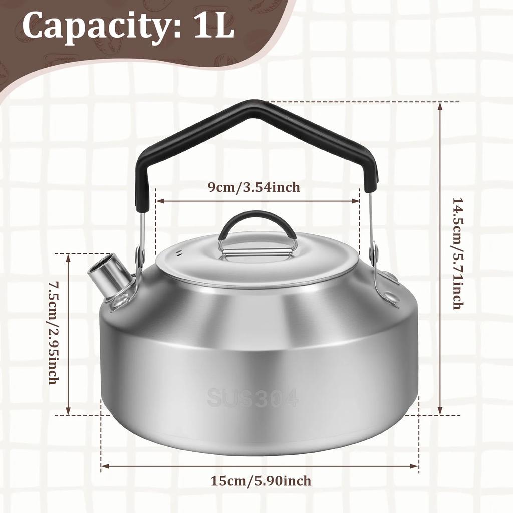 1/1.5L Camping Kettle with Anti Scald Handle Stainless Steel Portable Outdoor Camp Tea Coffee Pot for Travel Outdoor Activity