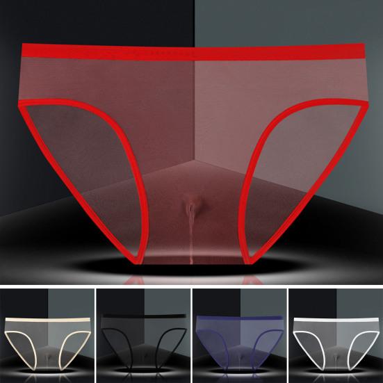 Men Briefs Mid-rise Perspective Thin Underwear with Separate Pouches Solid Color Soft Texture Breathable Elastic Panties
