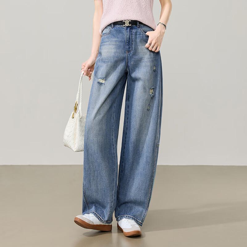 ESE-Y Women s High-Waist Ripped Crescent Wide-Leg Harem Jeans 30