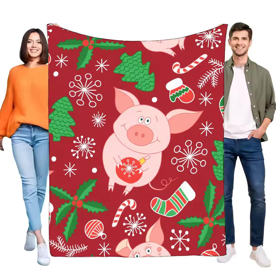 Cute Pig Holiday Blanket Soft Cozy Fabric Red Green Christmas Decor Gift Suitable for Home Couch Bed Snowflakes Design