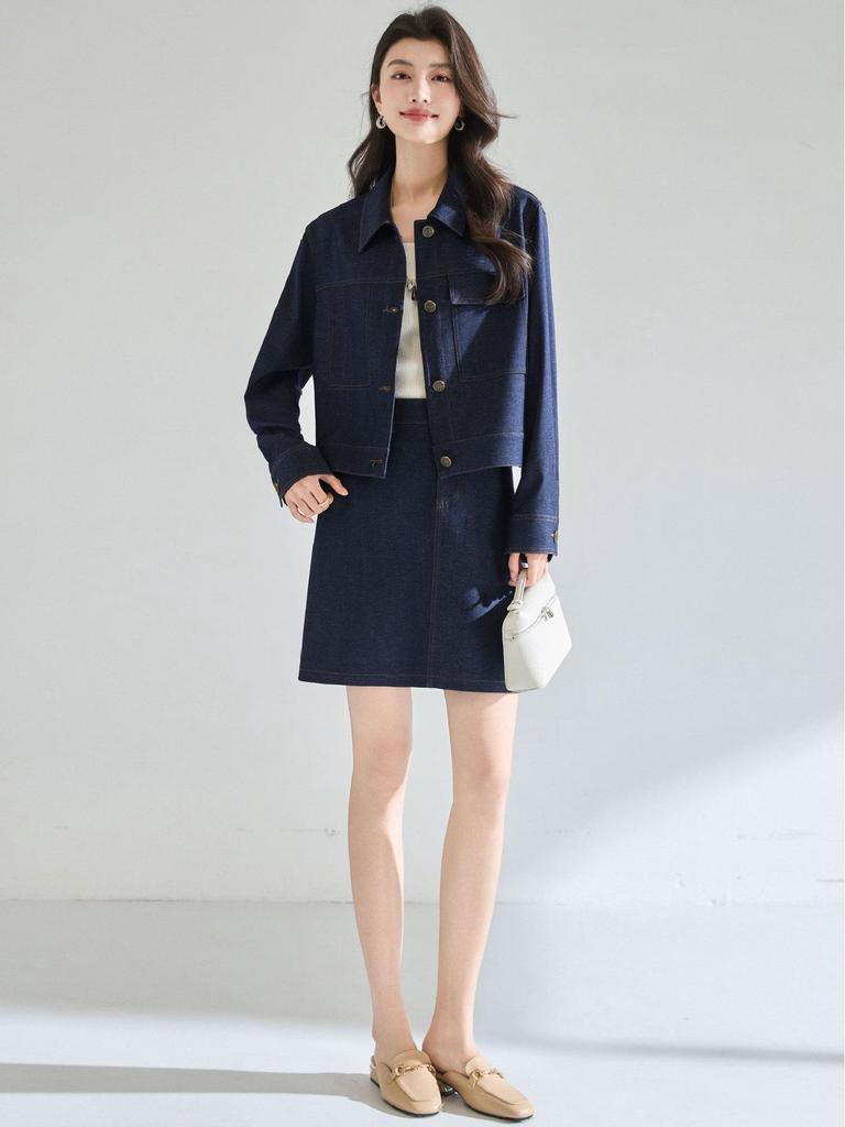 Spring Retro Indigo Denim Slimming Jean & Petite Half Skirt Set