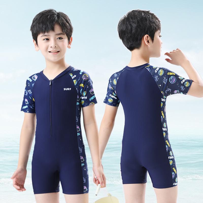 Kids' 2025 Quick-Dry Conservative One-Piece Swimsuit - Boys' Korean Style, Short-Sleeve, Sun Protection, Sporty Design