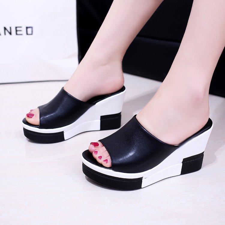 Sandalias nuevas de verano suela gruesa muffin tacón alto color sólido tacón de cuña una tira chanclas frescas