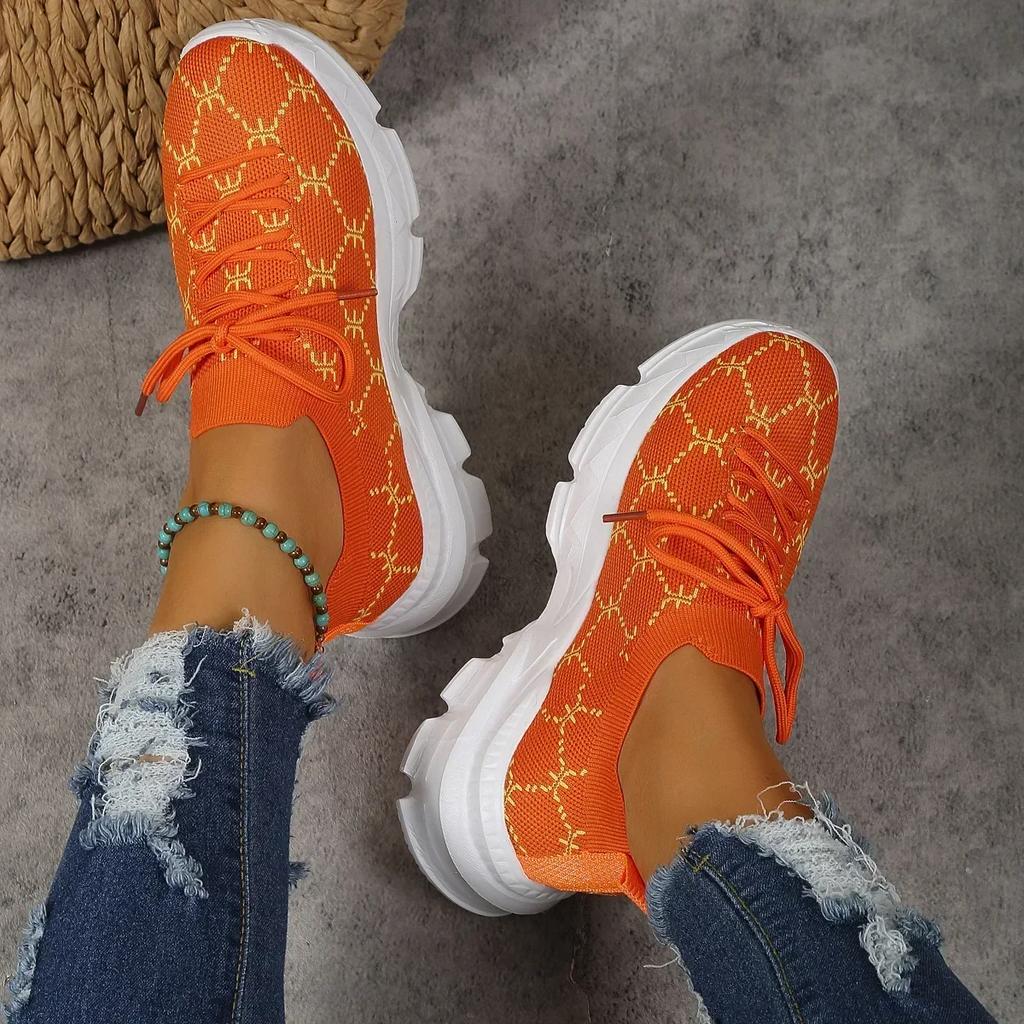 Fashion Women's Mesh Knitting Flat Shoes Lace-up Round Toe Breathable Sneakers Women Autumn Soft Sole Footwear Woman Wedge Sport Shoes