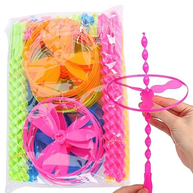 36Pcs Kids Outdoor Bamboo Dragonfly Hand Push Flying Toy Twisty Flying Saucers Assorted Colors Helicopters Plastic Sports Toy