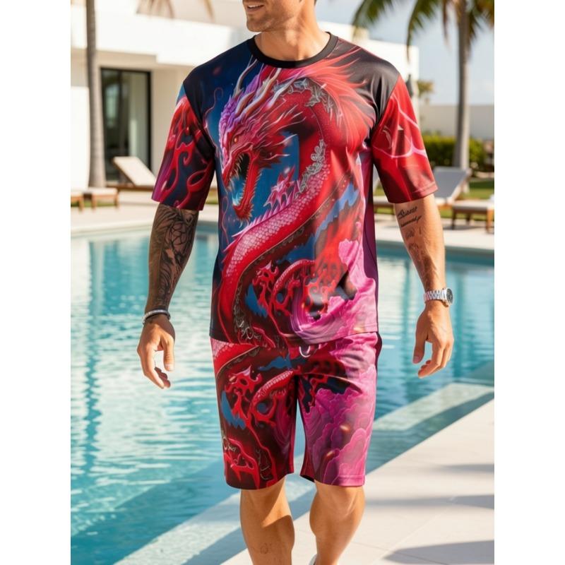 

Men s 3D dragon graphic printed T-shirt and shorts set for summer outdoor sports S