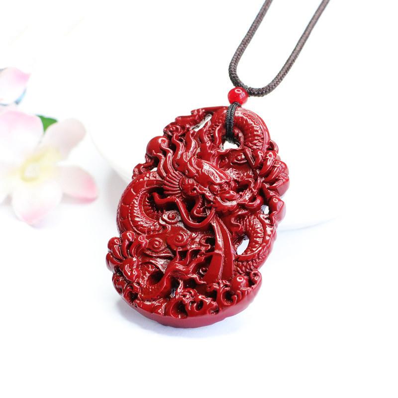 Natürlicher roter Sandstein, doppelseitig geschnitzter Drache-Anhänger für Männer, Schmuck, trendiger Drache, Phoenix, Perlen, Halskette, männlicher Schmuck