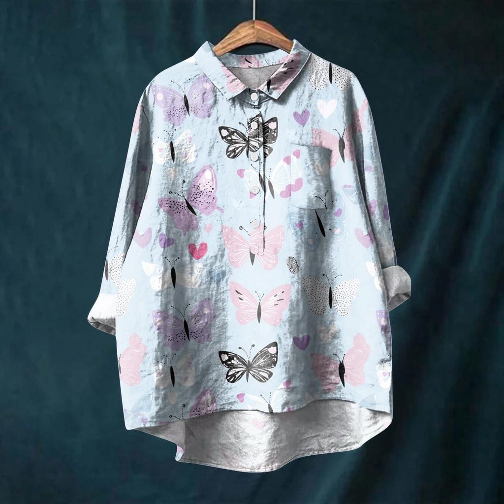Women's Long Sleeve Shirt Button Vintage Floral Print Casual Hem Irregular Shirt Collar Top