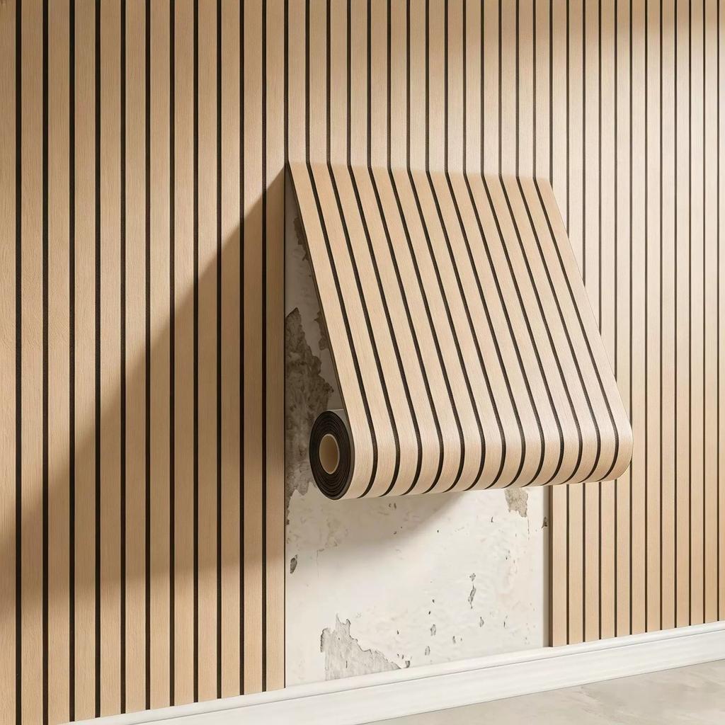 Self-adhesive Wood-grain Slat-effect Wall Sticker – 3D Grooved Grid-stripe Panel Wallpaper Roll