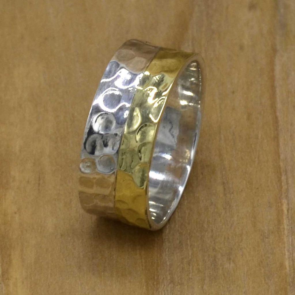 Two Tone Band Silver Ring For Man Engagement Jewelry, Sterling Solid Silver Hammered Handmade, Unique Gift For Him