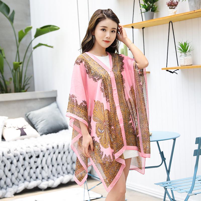 Women's Cashew Print Pearl Beaded Chiffon Scarf - Sun Protection, Extra Large, Thin Beach Towel Wrap