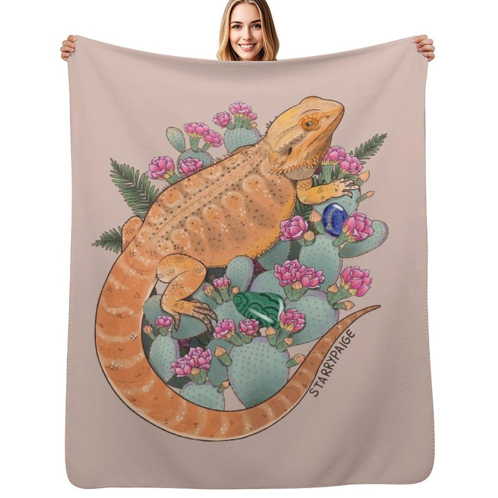 

Bearded Dragon with Blooming Opuntia Cactus and Boston Ferns with Crystals Throw Blanket Anniversary gift for him 75x100cm