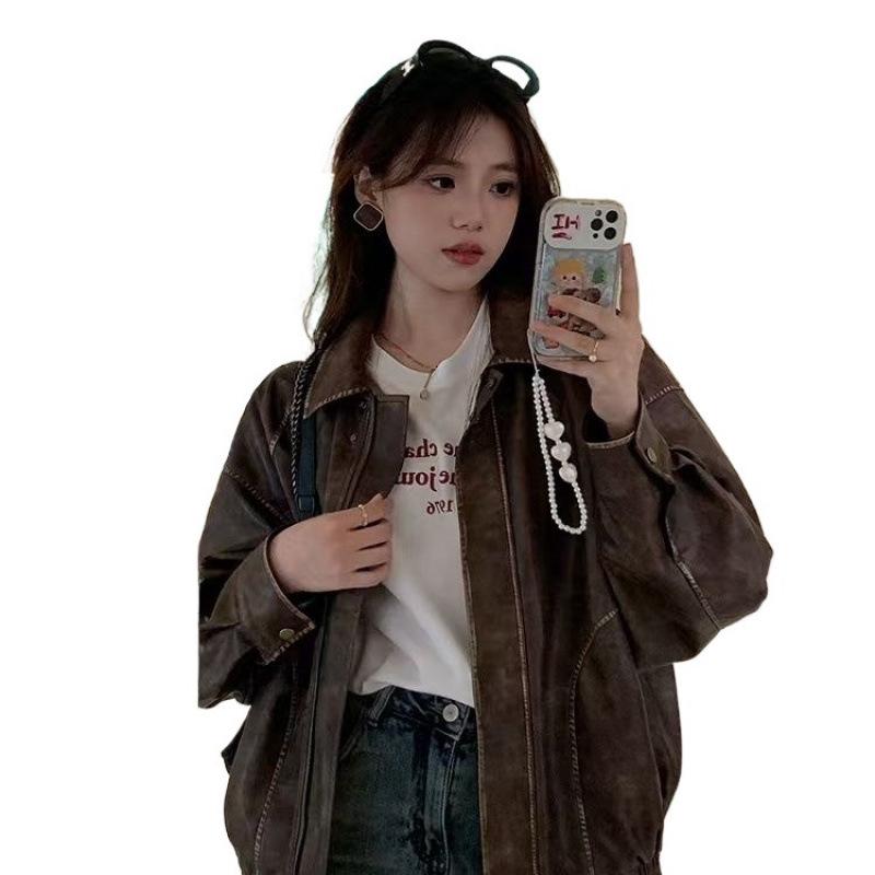 Damen Kleine Braune Lederjacke - 2025 Amerikanischer Retro-Stil mit Gewischtem Farbdesign, Baumwollgefüttert.