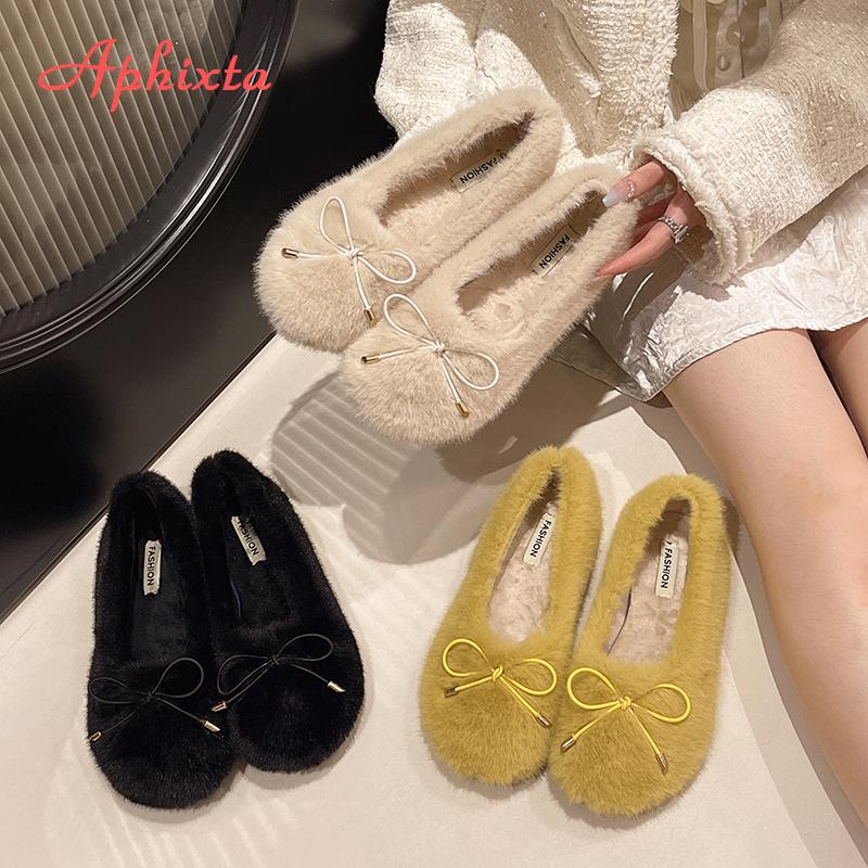 Fashion Aphixta Furry Sweet Bow Dec Women Flat Shoes Yellow Shallow Flats Shoes Women Flat with Loafers Soft Sole Woman Casual Shoes