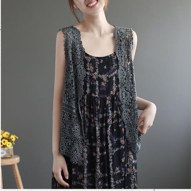 Summer Women Lace Vest Loose Cut-out Cardigan Vest Bohemian Style Cotton Woven Open Front Vest Thin Outwear