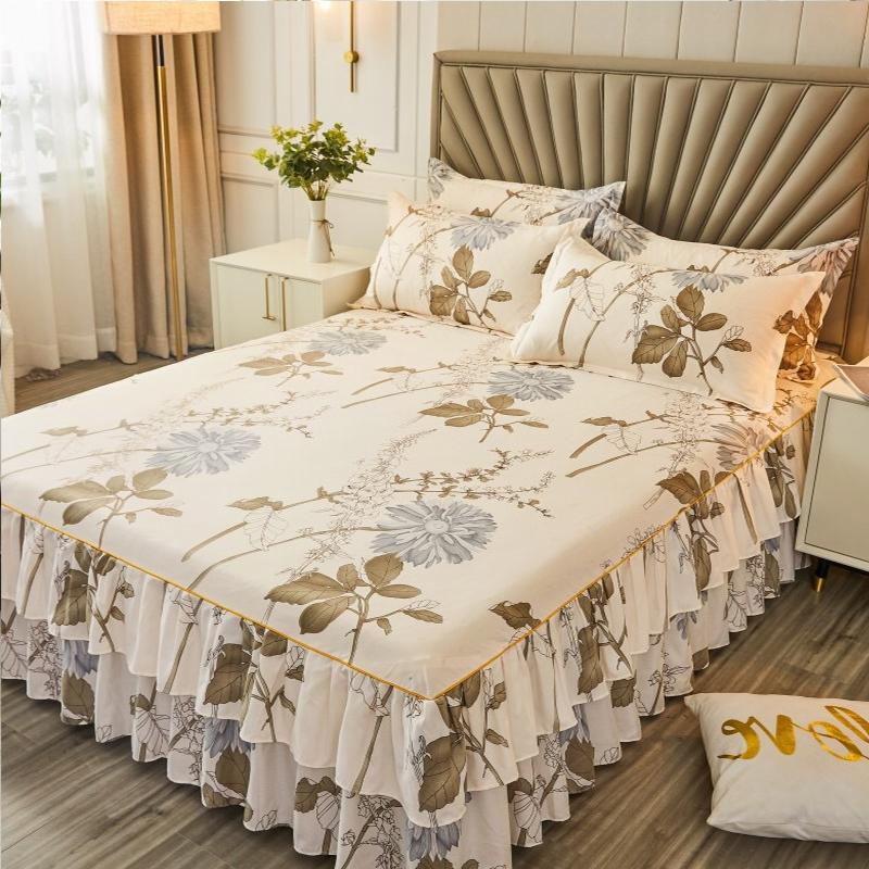 3PC Printed Bed Skirt Set 1Bed Skirt+2Pillowcases Floral Lace Bed Skirt Breathable Soft Bed Cover Bedding Set 360 ° Anti Slip Mattress Protector Cover