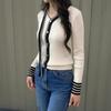 New ArriVals Open Run Women Daily Neck Strap Color Block V Neck Button Knit