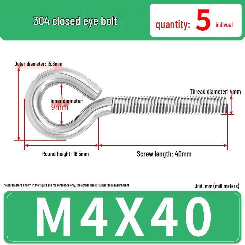 304 Stainless Steel Eyebolt with Ring Hook – Machine Thread Closed Eye Bolt (M4 M5 M6 M8)