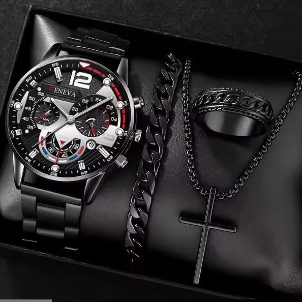 

Men S Business Watch Fake Three-Eye Calendar Roman Scale Quartz Watch Cross Necklace Bracelet Ring Set Bulk price