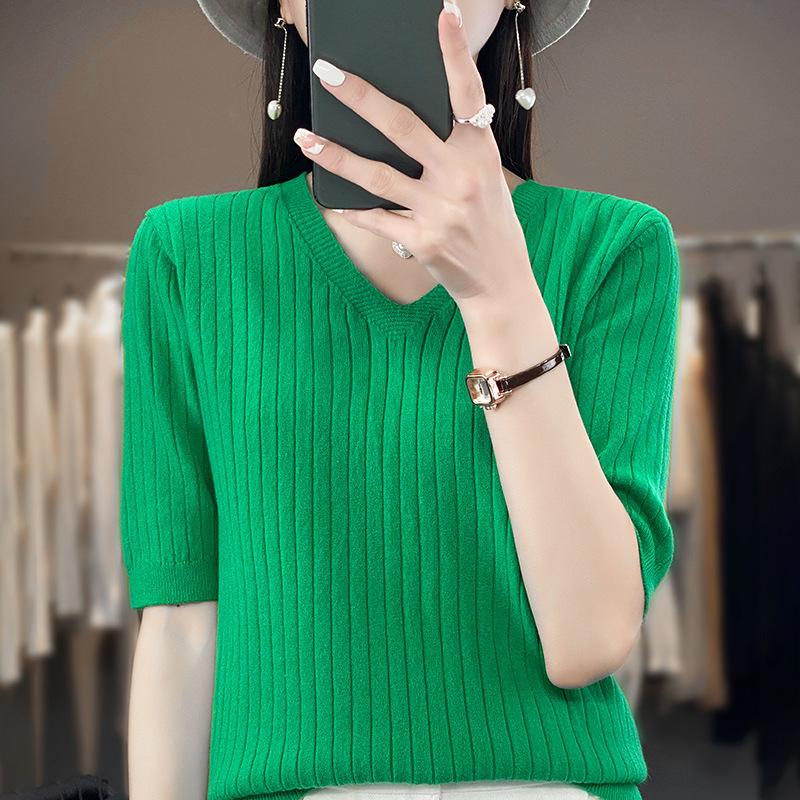 

INDFS Женская мода Повседневный Осень Зима Однотонный Принт Короткий Рукав V-образный Вырез Свитера XXL изумрудный