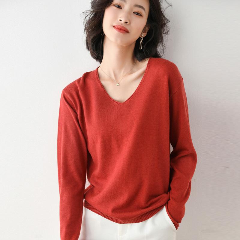 Fashion Korean Women Loose V-Neck Solid Pullover Sweater Autumn And Winter Long-Sleeved Knit Bottoming Shirt Large Size Sweaters