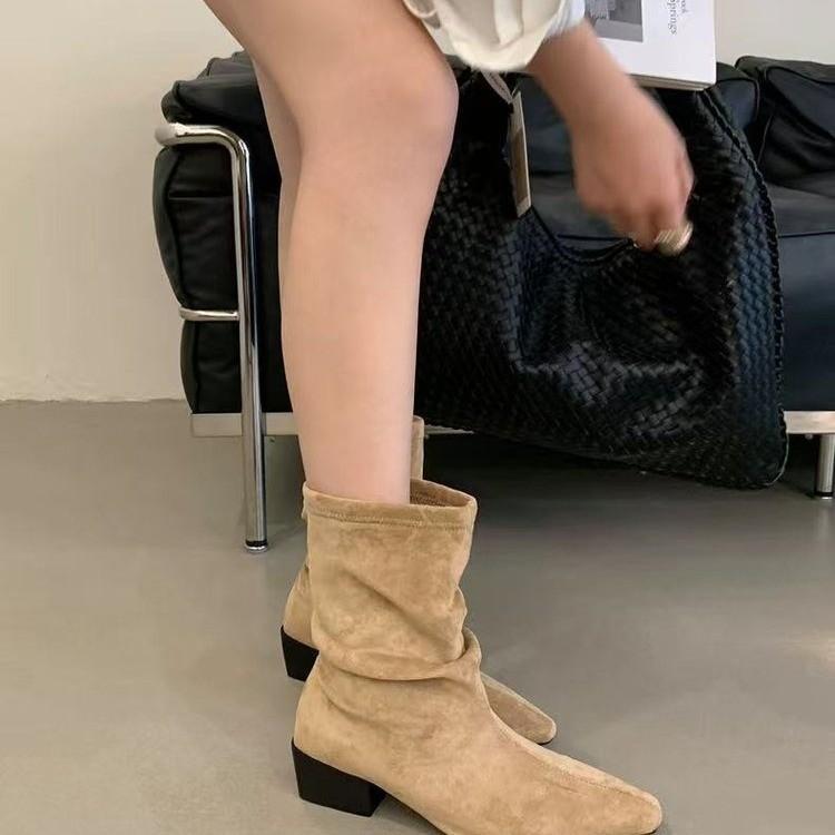 Fashion Women Frosted Suede Leather Boots Autumn Winter Vintage Western Cowboy Boots Fashion Buckle Strap Comfortable Medium Heel Shoes