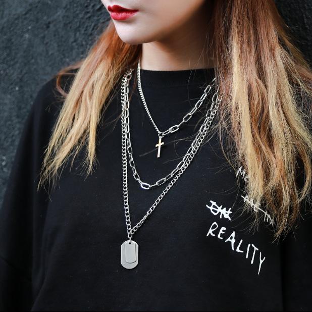 New multi-layer cross necklace women's trendy hip-hop sweater chain men's non-fading stainless steel chain accessories cool