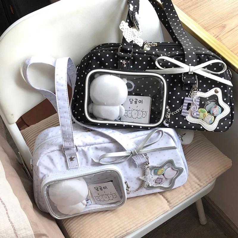 Kawaii Polka Dot Ita Bag Women Star Pocket Shoulder Bag Y2k Style Crossbody Bag With Clear Display Pocket Cute Commuter Handbag