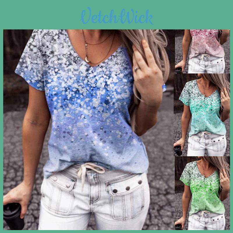 Elegant Womens V-neck Short Sleeve Floral Print Tops T-shirt For Casual Wear