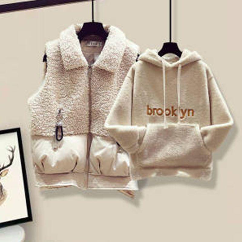 Sweet and Salty Street-Style Winter Vest, Lamb's Wool Sweatshirt, Wool Blend Pants Set: Trendy Autumn/Winter Women's Outfit, Youthful Style