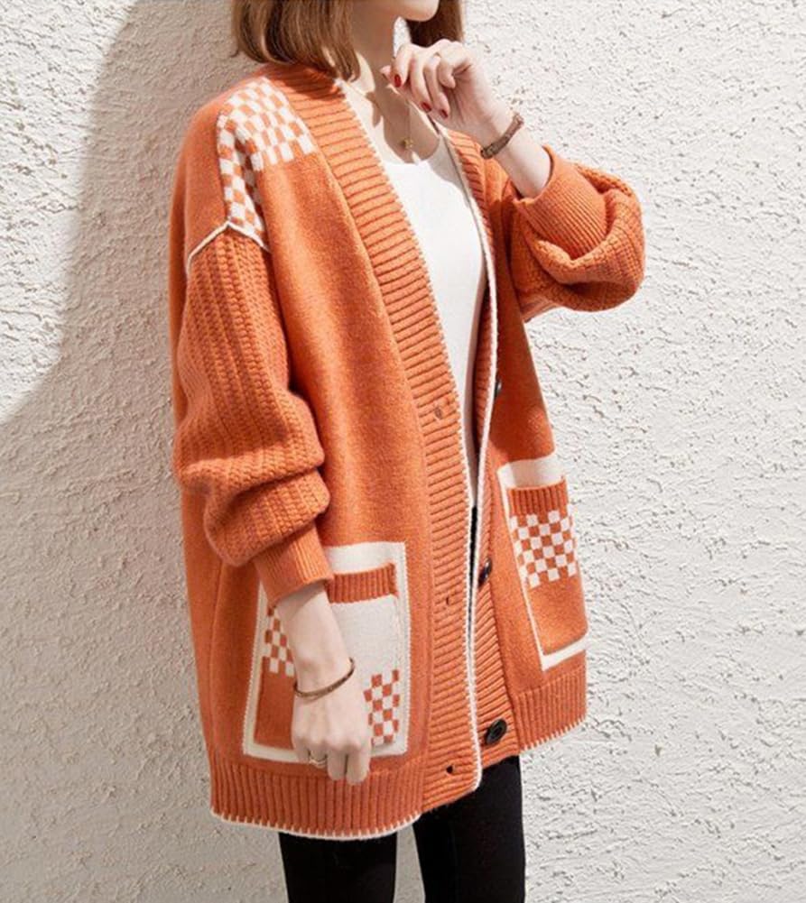 TASOGARA Knit Cut and Sewn One Size Fits Loose Plus Women's Cardigan, Sweater, Outerwear, V-Neck, Most, Fit, Casual, Sizes, Fall/Winter (Orange)