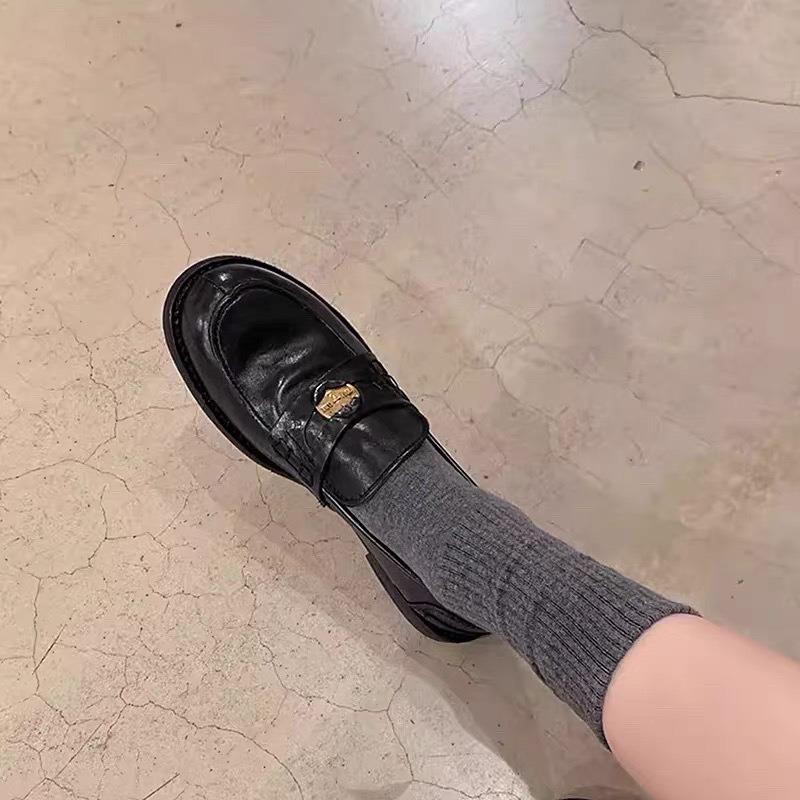 [Su Family] Cowhide Edition~ Flat Bottom~ Horse Leather Retro Polished Small Gold Coin Loafu Single Shoes Women's Small Leather Shoes