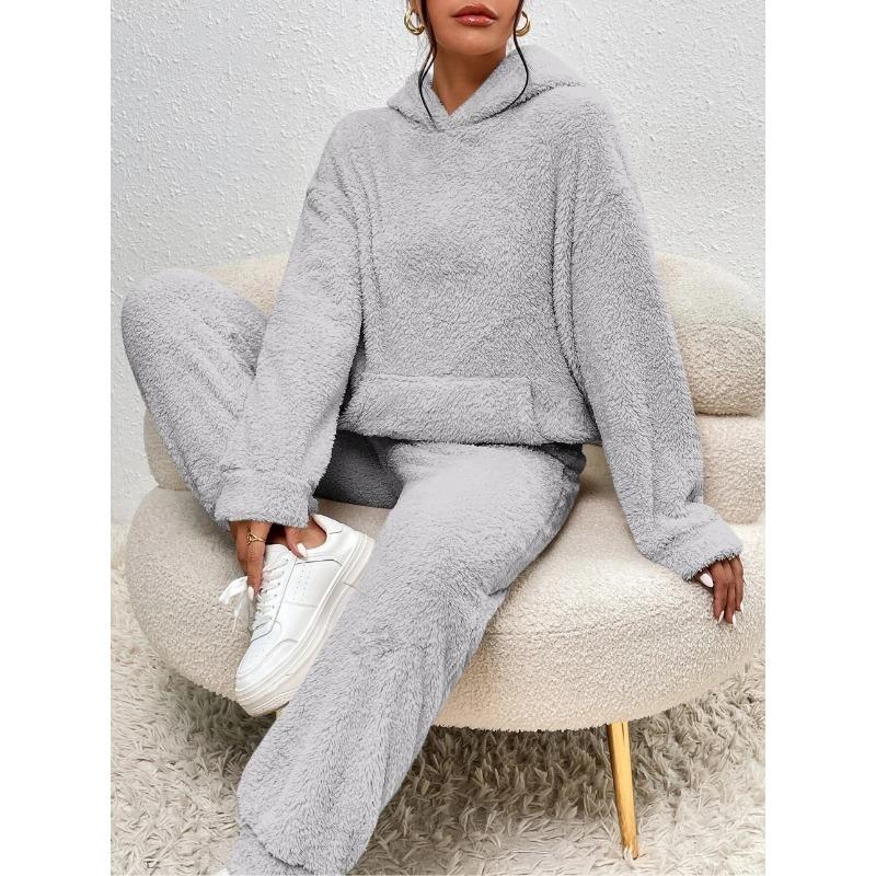 

Новая повседневная женская одежда для осени и зимы, однотонный плюшевый костюм с капюшоном и длинными рукавами и брюками для женщин 5XL