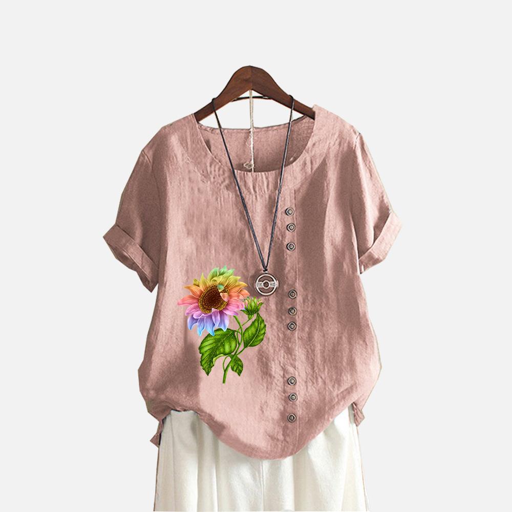 Women Fashion Floral Print T-shirt Summer&fall Casual O Neck Short Sleeve Top Pullover Loose Cotton Linen Blouses
