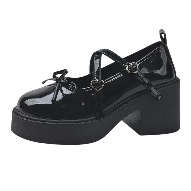 Bow thick high-heeled small leather shoes women's summer new Japanese jk heightening French versatile Mary Jane single shoes
