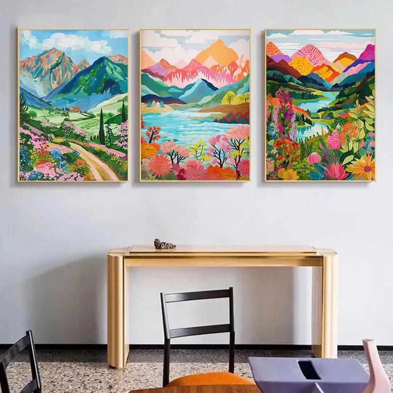 Abstract Colorful Floral Mountain Lake Nature Landscape Illustration Poster Wall Art Pictures Canvas Painting Home Dorm Decor