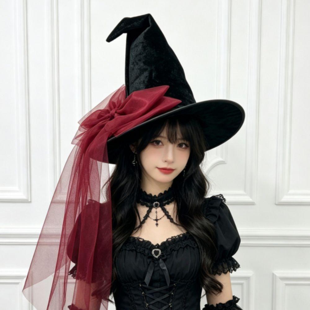Mesh Yarn Witch Hat Lace Fabric Velvet Material Pointy Hat Detachable Bow Organza Bow Wizard Hat Costume Accessories