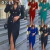 Women's Fashion Autumn Winter Solid Color Print Long Sleeve POLO Neck Casual Dresses
