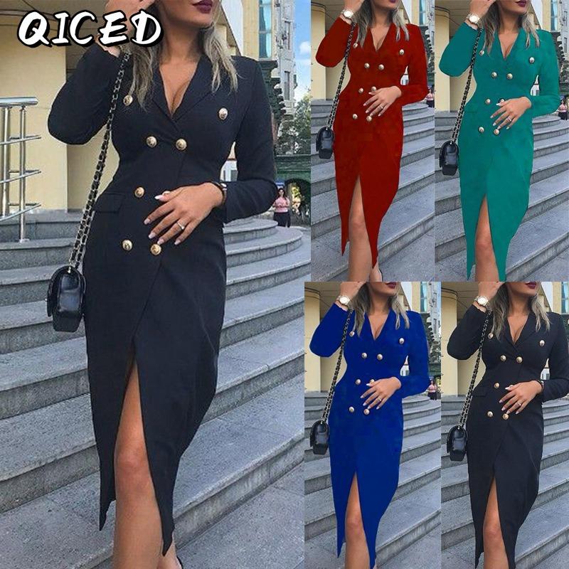 IHUASU Women's Fashion Autumn Winter Solid Color Print Long Sleeve POLO Neck Casual Dresses