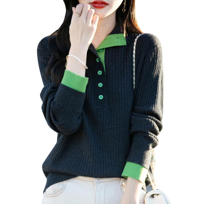 Women's Spring Color Block Knitted Sweater - Plus Size, Layered High-Neck, Half-Open Design